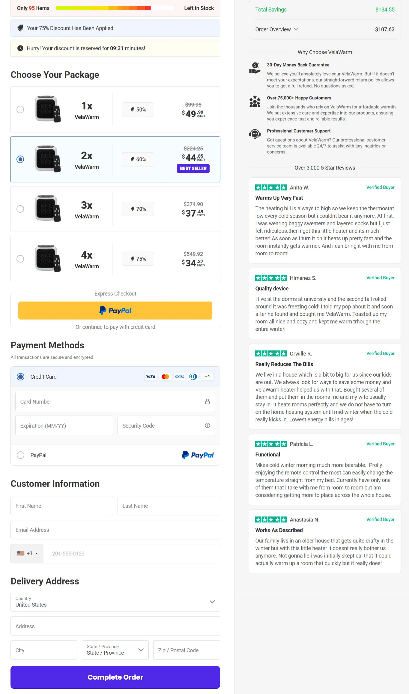 VelaWarm Heater secure checkout page